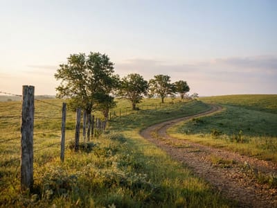 A curved dirt path winds across grassy rolling hills alongside a wooden post and barbed wire fence and a row of trees.