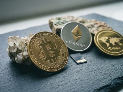 Bitcoin, Ethereum and Litecoin coins resting on slate with rough crystals