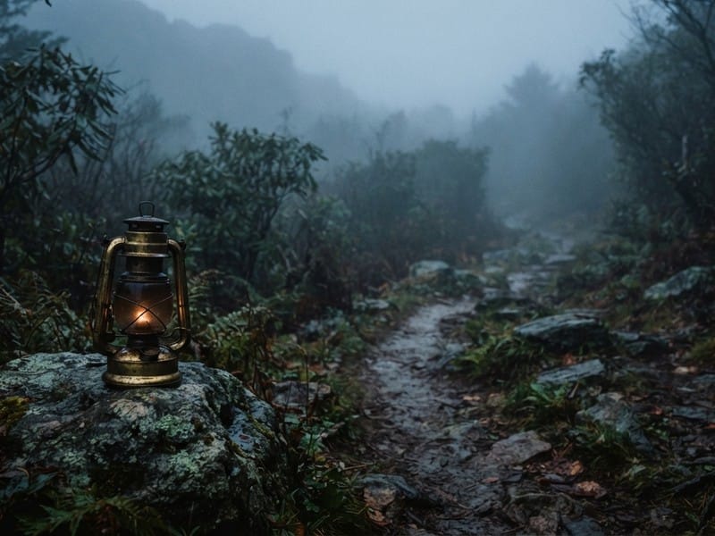 A lit vintage kerosene lantern rests on a mossy rock beside a rocky trail through misty vegetation.