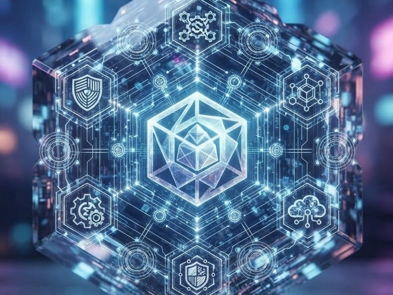 A glowing hexagonal block displays illuminated circuitry and hexagonal digital icons surrounding a central geometric shape.