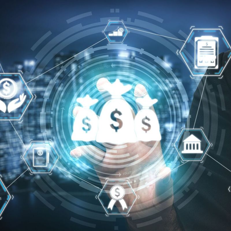 Digital illustration of a hand holding money bags surrounded by finance and banking icons, representing decentralized finance