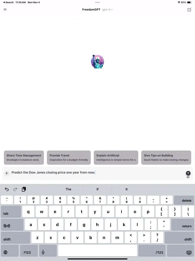 FreedomGPT running on an iPad, showing the home screen with suggested prompts